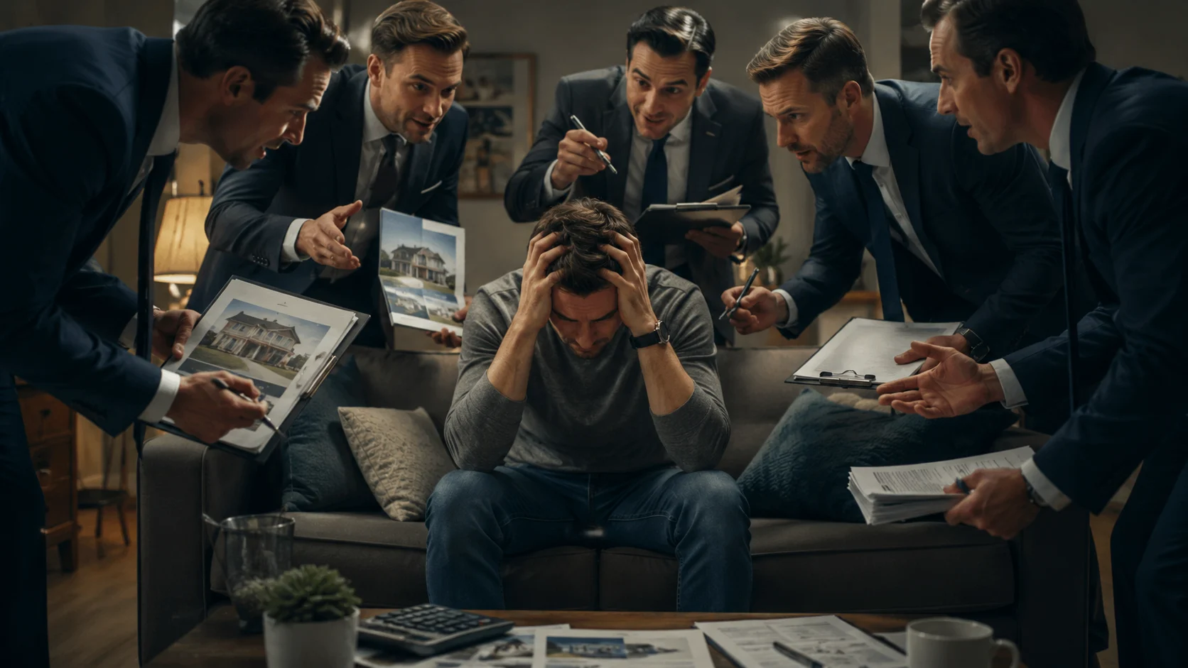 Bedside Manner Window Installation With Room To Think | Tri-State Area | Window King An overwhelmed homeowner holds his head as several salesmen crowd around with papers, symbolizing Window King giving customers room to think.