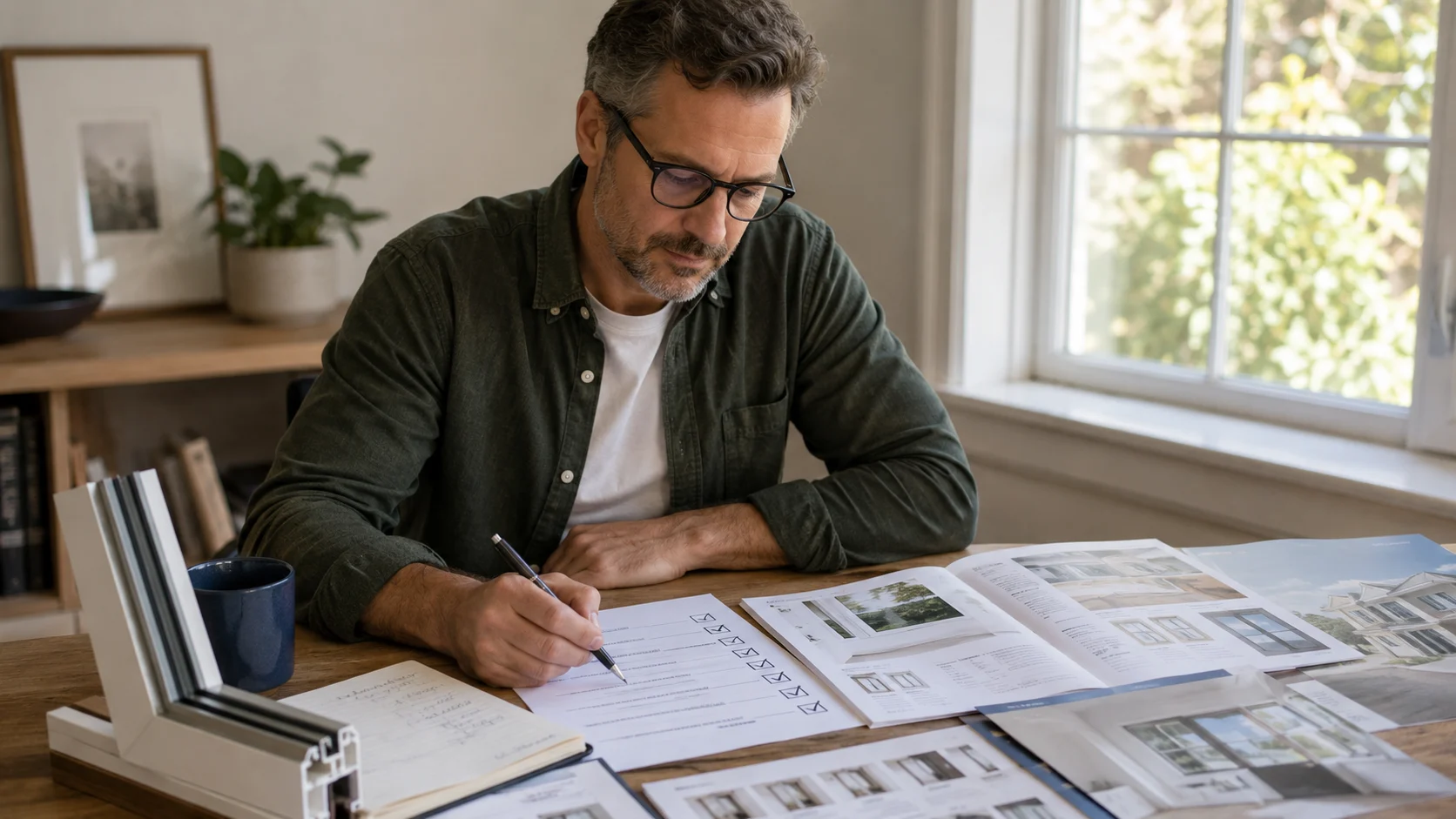 Bedside Manner Window Installation Win Over A Skeptic | Whitestone, NY | Window King Man reviews window samples and checks a research list by a bright window, symbolizing Window King earning trust through proof.