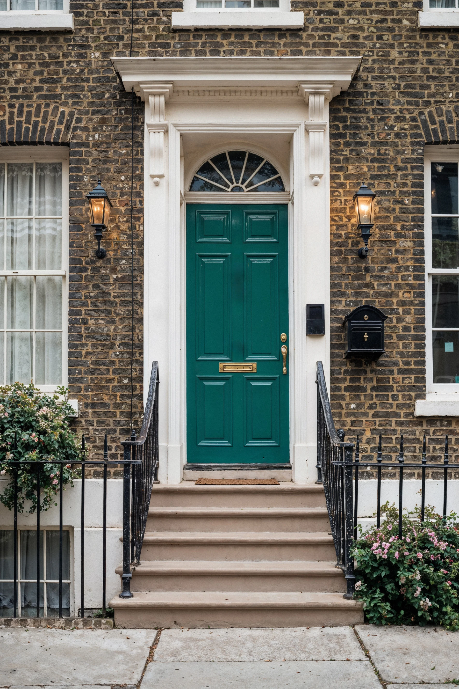 Modern home entry with sleek front door, decorative glass inserts, clean exterior trim, brick façade, porch awning, mailbox, and welcome mat.