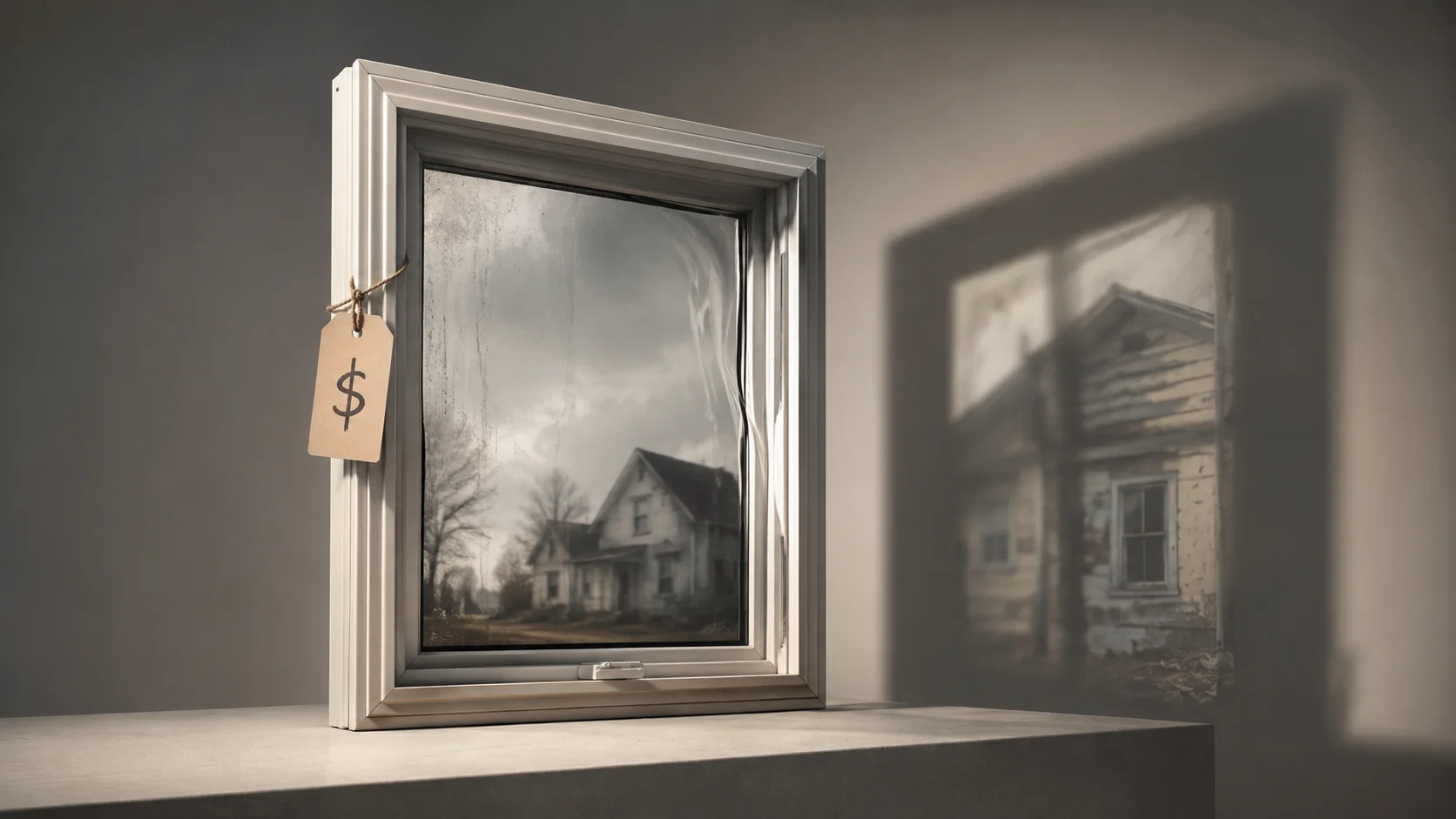 Products Replacement Windows Cheap Later | Tri-State Area | Window King Replacement window with a price tag reflecting a worn house, symbolizing cheap windows that look fine now but cost more later.