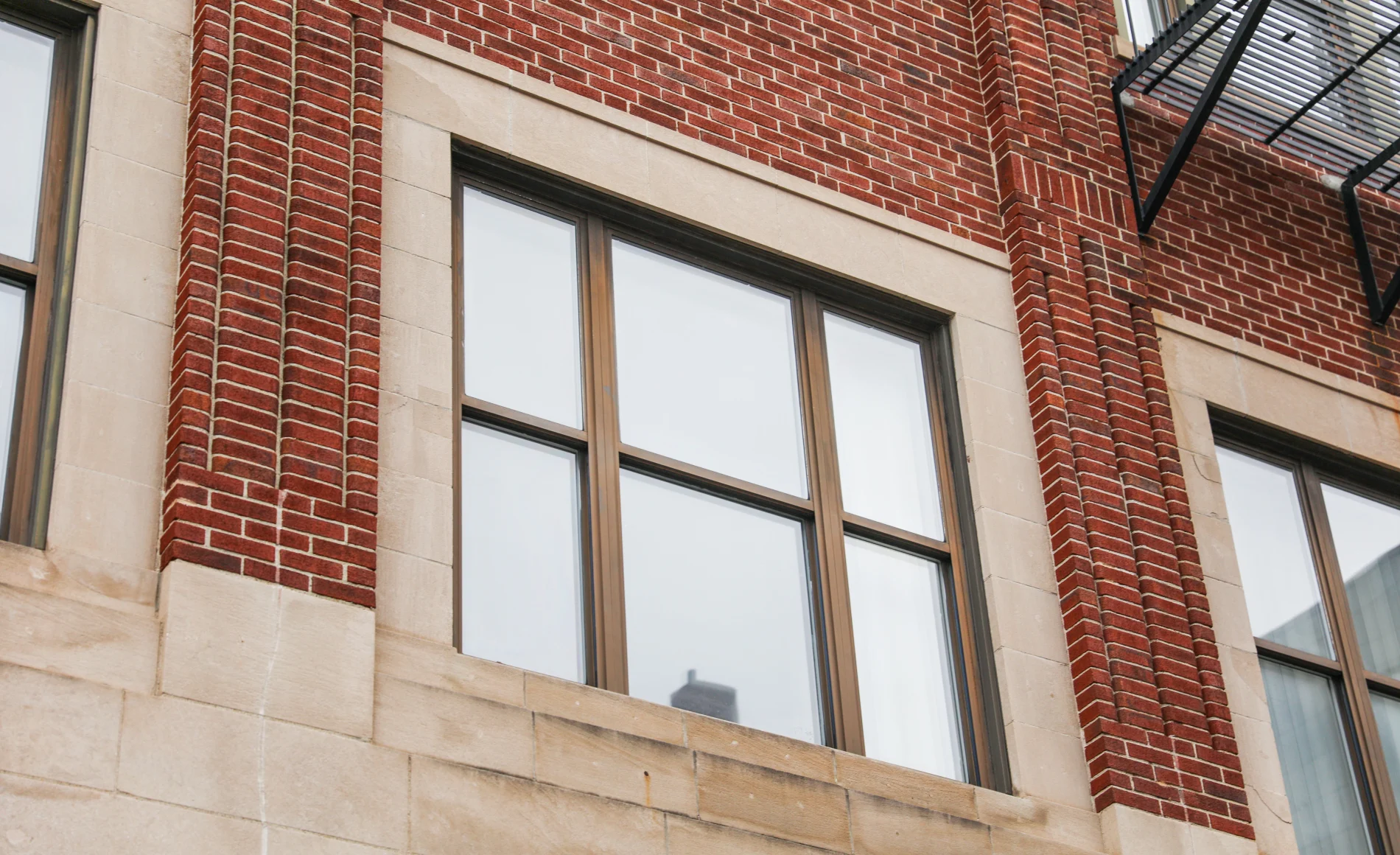 Modern black-framed replacement windows installed in a red brick building, reflecting trees and sky with a clean industrial-style design.