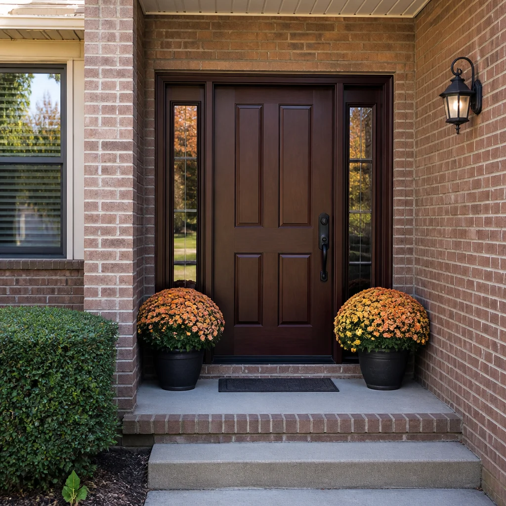 Completed Entry Door Installation │ Bronx, NY | Window King A dark wood-tone entry door with sidelights, brick exterior, and potted mums on the front steps.