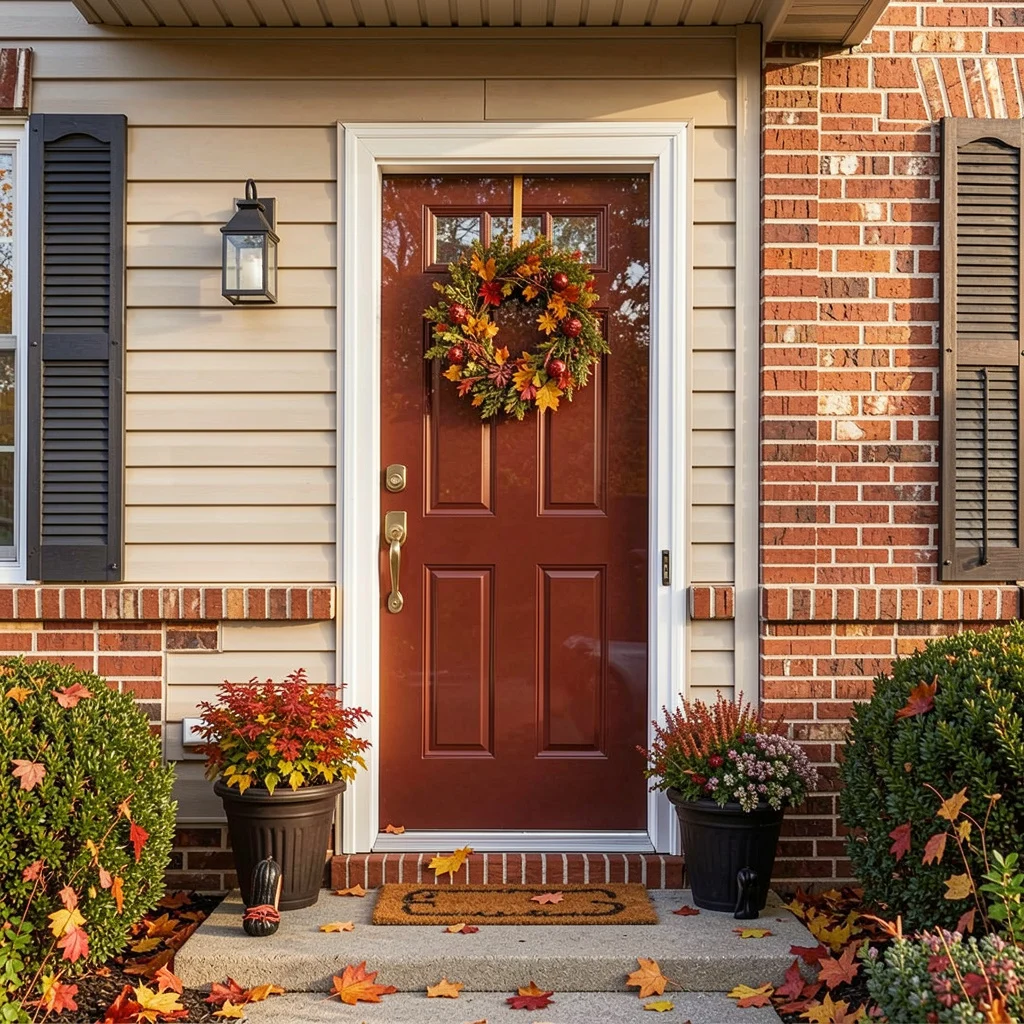 Completed Entry Door Installation │ Yonkers, NY | Window King A red entry door with a fall wreath on a brick and vinyl-siding residential home.