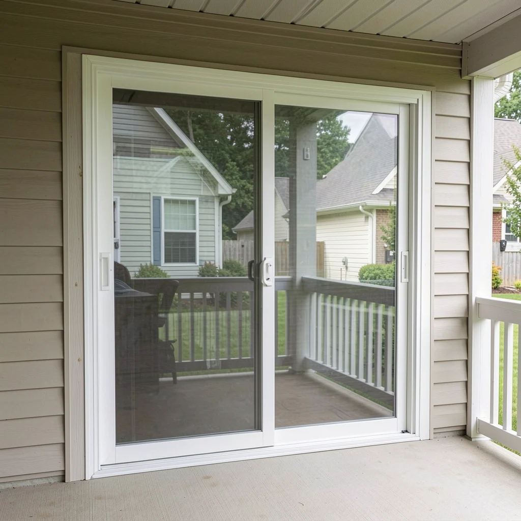 Patio Door Replacement │ Yonkers, NY | Window King A white vinyl sliding patio door opening onto a wood deck with railing.