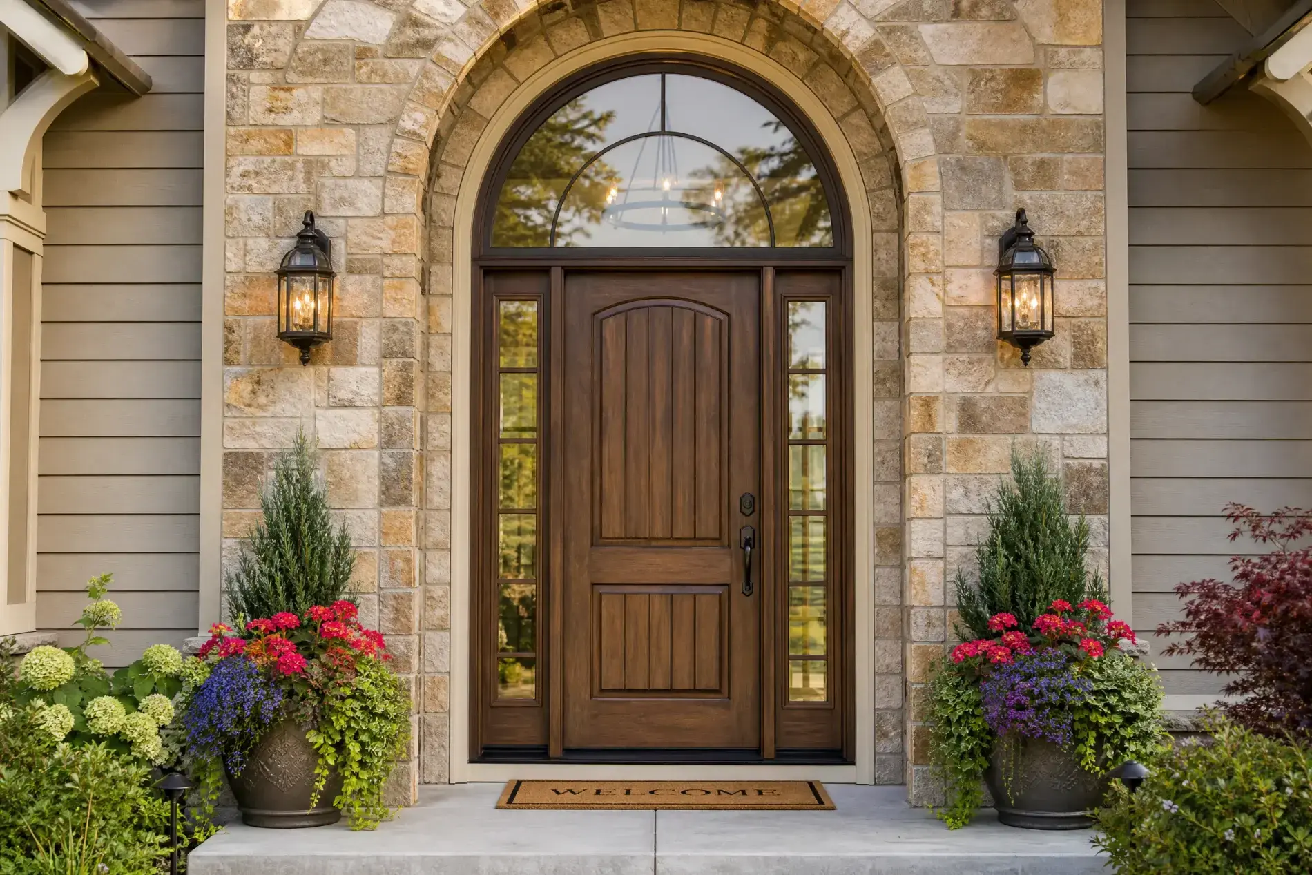 Black paneled front door with a transom beside a white-trimmed sash window on a coral townhouse behind ornate black iron railings.