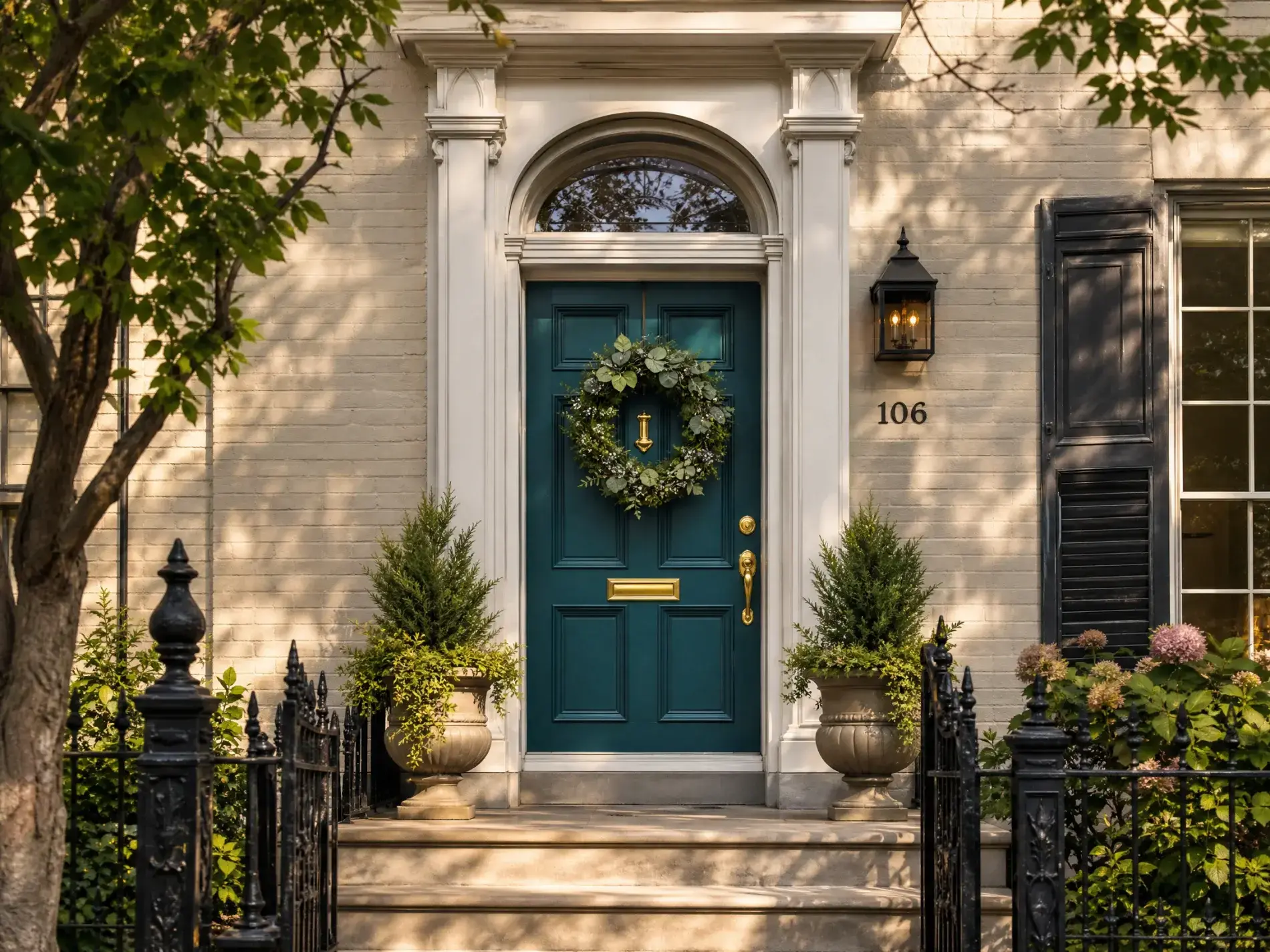 High-Quality Door Installation | Scarsdale, NY | Window King Teal paneled front door with brass knocker and wreath on a pale brick townhouse, framed by tree shadows and ornate black iron railings.