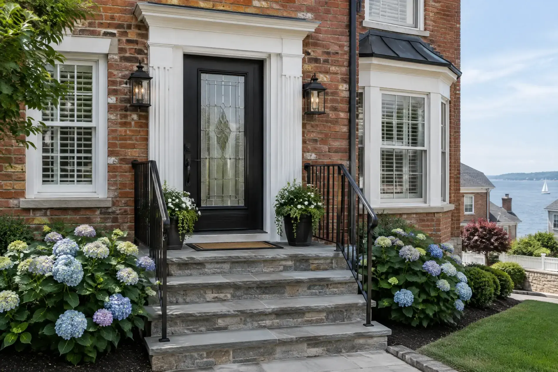 Polished Door Replacement| Staten Island, NY | Window King Black front entry door replacement on a Staten Island home with decorative glass, stone steps, and classic trim details.